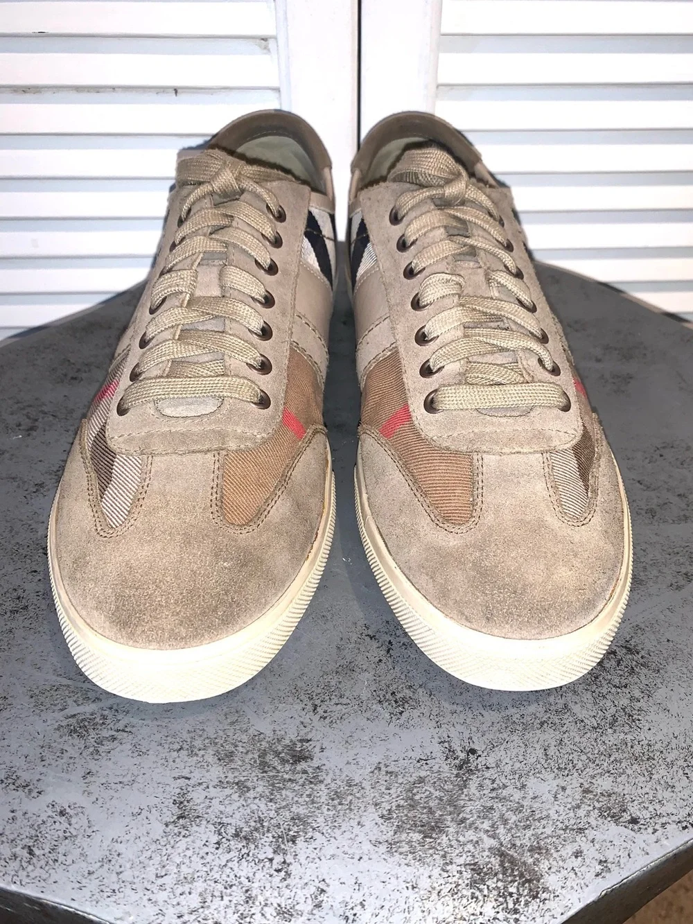 Burberry Nova Check Low Top Sneakers Suede Canvas Tan Brown Plaid Size 45/12